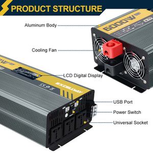 Excellway Pure Sine Wave Power Car Inverter Peak 1000-6000W DC12V/24V to AC 220V Universal Dual Socket With USB Charger