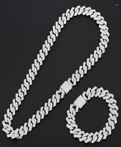 Chains 15mm Miami Prong Cuban Chain Link Silver Color Necklaces 2 Row Full Iced Out Rhinestones Bracelet Set For Mens Hip Hop3726077