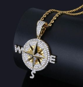 Iced Out Compass Pendant Necklace Bling Cubic Zircon Chains High Quality Hip Hop Gold Silver Color Charm Jewelry Gifts4989545