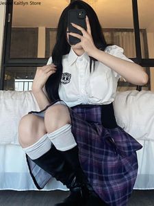 Japon okul kız üniformalı kadınlar Kore tarzı kawaii tatlı jk üniforma cosplay yaz şık beyaz gömlek ve ekose etek setleri y2k