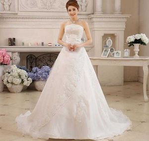 カスタムウェディングドレスA-Line Bridal Gown with Long TraineseevelessストラップレスサテンブライダルドレスVestido de noiva size2-28w