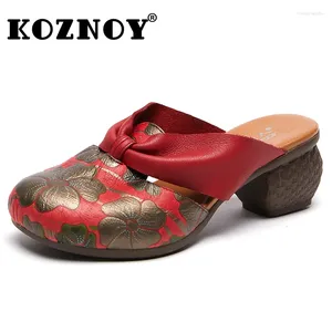 Slippers Koznoy 5cm Women Sandals Ethnic Genuine Leather Print Hollow Ladies Fashion Moccasins Slip On Summer Chunky Heels Shoes