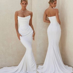 Elegant Long Mermaid Crepe Strapless Wedding Dresses Stretchy Sleeveless Open Back Ivory Vestidos de Novia Abendkleid Bridal Gown for Women