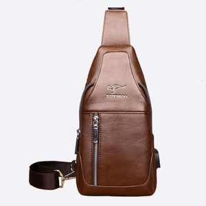 Känguru varumärke mode läder crossbody väskor män bröstväska USB laddar avslappnad messenger väska liten man sling väska bröstpaket320g