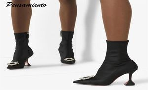 Alongamento Lycra Women Botas de tornozelo outono Inverno Confortável Triângulo Sapatos de Lady Sapatos de Saltos Altos Botas 3442 2112291141768