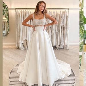 현대 사각형 목 구슬 라인 웨딩 드레스 환상 진주 신부 가운 소매 소매 새틴 컨트리 로브 드 마리지