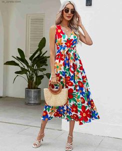 Basic Casual Kleider Strand Urlaub Blumendruck Midi Kleider Frauen lässige V-Ausschnitt Slveless Kleider für Frauen Sommer hoher Taille Schnürung Party Vestidos T240412