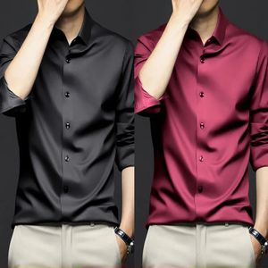 Korean Fashion Men Long Sleeve Smooth Shirts Spring Summer Streetwear Oversized Slim Wine Red Business Office Casual Social 240408
