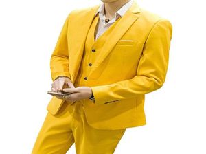 Gelbe Hochzeitsbräutigams -Tuxedos für Mann Anzug dritte Jacke Hose Weste gekerbte Revers Make One Button Party Männer Anzüge 2364840