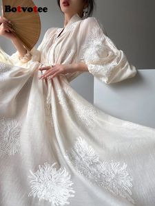 Botvotee Embroidery Midi Dress for Women Korean Fashion Casual Lantern Sleeve V Neck Elegant Floral Loose Dresses 240329