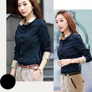 Blouses feminina Escritório Camisa Lady Manga longa Turn Down Collar Buttons Tight Blouse Top Camisetas para mulheres Moda Blue escuro xxxl