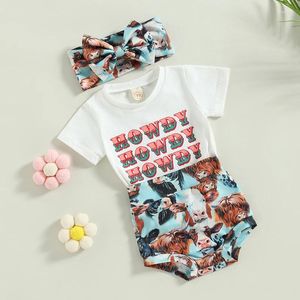 Kleidungssets Western Kleinkind Baby Girl Wäschebretter Kurzarm T-Shirt Top Quaste Shorts Outfits Stirnband 3pcs Set