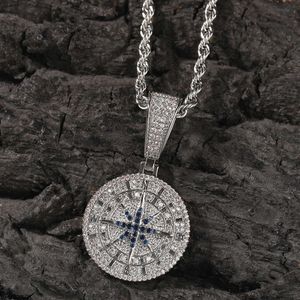 En kaliteli hip hop elmas altın pusula yuvarlak kolye kolye kişiselleştirilmiş bakır kübik zirkonya bling takı bling bling kristal bijoux kolyeler yaka