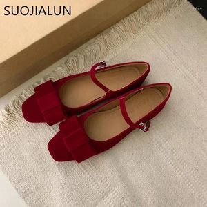 Повседневная обувь Suojialun 2024 Spring Women Женщины Flat Fashion Red Bow-Knot Ladies Elegant Balleerinas круглое платье Mary Jane