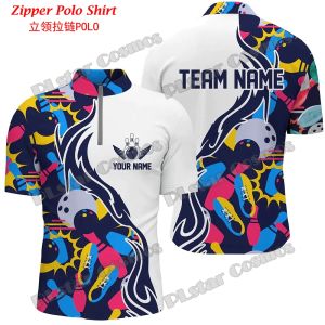 Spersonalizowana nazwa Bowling Team Jerseys 3D Printed Men's Quarter-Zip Polo Shirt Summer Unisex Casual Bowling Jersey Zipper Po48