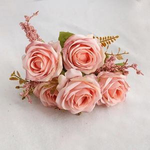 Decorative Flowers Home Simulation Snowflake Cloth Roses Bouquet Green Plant Shopping Mall Decoration Artificial Rose Champagne Flower