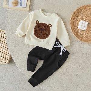 Suefunskry Infant Baby 2PCS FALL OUTFITS LEST SLEEVE BEAR Embroidery Pullover Tops and Pocket Pants暖かい服セット0-3歳