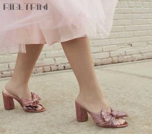 Sandals Ladies Gold Pleated Bow Knot Slip On Mules Slip On Wedding Heeled Sandals For Women Block High Heels Design Dress slippers3768585