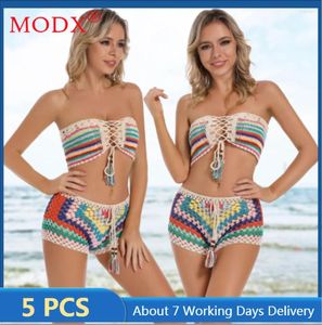 Women's Swimwear 5sets Bulk Items Wholesale Lots Bikini Set For Women Summer Sexy Knitted Swimwears Beach Strapless Shorts Swimsuits Y2k