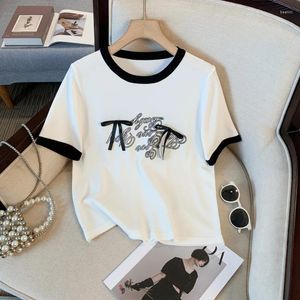 Kvinnors T-skjortor 2024 Summer Letter Tryckt Bow Short Sleeved Ice Silk Sticked T-Shirt Loose Sweater Top Korean Fashion Ladies Tops Tees