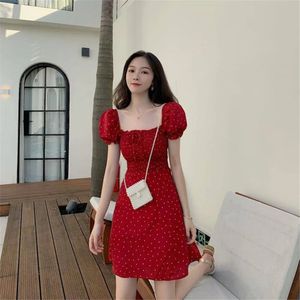 Fashion Retro Dress Women Dot Dot Summer Red Vacation Aline Empire Girls Square Collar Vintage Female Sunsssing 240412