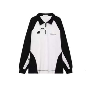 American Retro College Half Zip Polo Collar Hoodie For Couples With A High-End Hiphop Fashion Brand Black And White Contrasting Color Outerwear