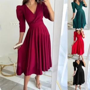 Lässige Kleider Sommer Frauen Modependler Solid Color V-Ausschnitt Taille Puffärmel Big Swing Kleid