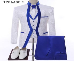 Roupa de aro azul real branca roupas de palco para homens terno conjunto de fatos de casamento masculino noivo do noivo Tuxedo JacketpantsVesttie3305187