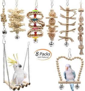 Andra fågelförsörjningar 8 st/set tugga leksaker papegoja swing med uppgraderat klocka kreativt naturligt trä stående hängande hängmatta bur