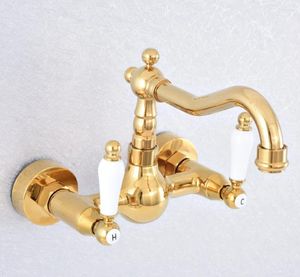 Bathroom Sink Faucets Luxury Gold Color Brass Wall Mounted Double Handle Faucet Vanity Vessel Sinks Mixer Tap Cold And Water Nsf607