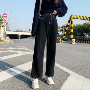 Frauen Jeans Schwarze Frauen hohe Taille Streetwear Bright Line Decoration Mode voller Länge Vintage Herbst koreanischer Stil Straight Denim