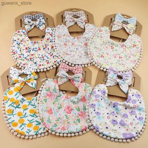 Bibs Burp Cloths 3Pcs/Set Flower Print Cotton Linen Baby Boy Girl Bibs Elastic Nylon Headband Double-Deck Saliva Towel Feeding Bandana Apron Burp Y240415Y240417SN3H