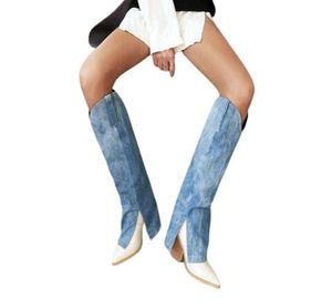 Blue Denim Jean Stiefel für Frauen Knie hohe Hosen Botas Schlitz Cut Long Cowboy Boots Fashion Ladies Med Heel Übergroße Schuhe 43 T228980698