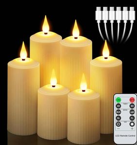 Uppsättning av 6 USB -uppladdningsbara fjärrkontroll LED -ljus Flimrande 3D -flamma Roman Pillar Candle Light Waterproof Fchristmas Home 240412