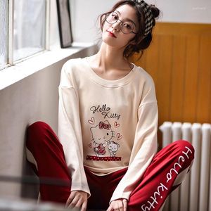 Home Clothing Fall 2024 Women's Cotton Kawaii Kitty Pajamas Tracksuit Nightie Winter Korean Long Sleeves And Trousers Pijama Two-piece Suit