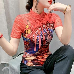 Women's T Shirts Summer Chinese Style T-shirts Women Mandarin Collar Short Sleeve Tassel Buttons Printing Mesh Tops Tshirt For Female FF6869