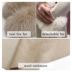 Janefur Wool Coat Long Women 2023 Inverno Luxo destacável Real Fox Fur Gollar Leve Belt Belt Cashmere Trench sobretudo