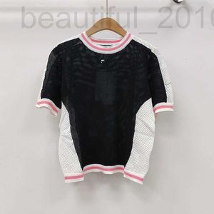 Women's T-Shirt designer Xiaoxiangfeng 24 Early Spring New Round Neck Knitted Short Sleeves Contrast Color Grid Hollow out Design Collar and Cuff Edge Wrapping PHNH