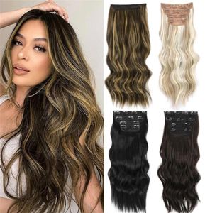 Aisi Hair Synthetic 4PCS/SET Long Wavy Hair Extensions Clip in Ombre Blonde Dark Brown Tick Piece w2204016700668