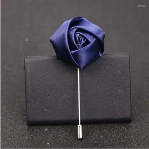 Decorative Flowers 100Pcs/Lot Man Groom Boutonniere Navy Blue Silk Satin Rose Flower Buttonhole Wedding Party Prom Suit Corsage Pin Brooch