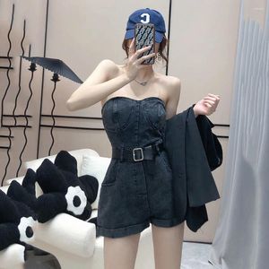 Women's Jeans Fashion Denim Women Jumpsuit Strapless 2024 Summer Casual Off Shoulder Solid Blue Jumpsuits Female Shorts