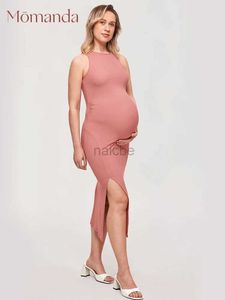 Moderskapsklänningar Momanda Halter Neck Ribbed Maternity Dress Spaghetti Strap Bodycon Dresses Square Neck Modernity Clothes For Baby Shower MA002 240413