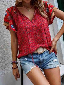 Women's Blouses Shirts Summer Floral Print Blouses For Women Fashion V Neck Short Slve Boho Beach Casual Tops Female Plus Size Elegant Shirt New T240412