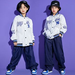 Kid Hip Hop Clothing White Baseball Jacket Cardigan Top Street Denim Baggy Jeans Pants for Girl Boy Jazz Dance Costume Clothes