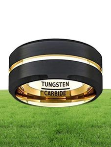 Fashion 8mm Black Tungsten Carbide Ring Gold Groove Matte Brushed Surface Beveled Edge Mens Wedding Band Comfort Fit6349109