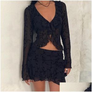 فساتين العمل Y2K 2 PCS Womens Skirt Outfit v Neck Long Sleeve Lace Shimpl Tops Bodycon Mini Mini Set Party Clubwear Dreetwear D OTX7D