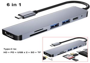 6 I 1 USB Hubs TypeC till Ethernet HD High Definition Adapter Multiport PD SD TF -kortadapter för Android -bärbara datorer Tablett Typ C DE3697344