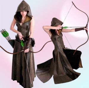 Medeltida cosplay mode kvinnor anime viking renässans huva bågskytt kommer läder lång klänning ärmlös maskerad 2022 ny T22083728834