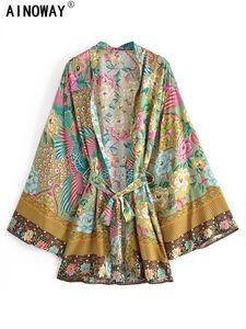 Boho Vintage Yeşil Peacock Çiçek Baskı Kanatları Bohemian Kimono Kadınlar V Boyun Batwing Kollu Happie Kısa Çöp Bikini Kapaklar 240407