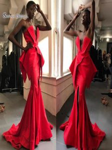 2019 Red Satin Mermaid Evening Gowns South African Strapless Peplum Prom Dresses Split Cheap Sweep Train Formal Party4234116